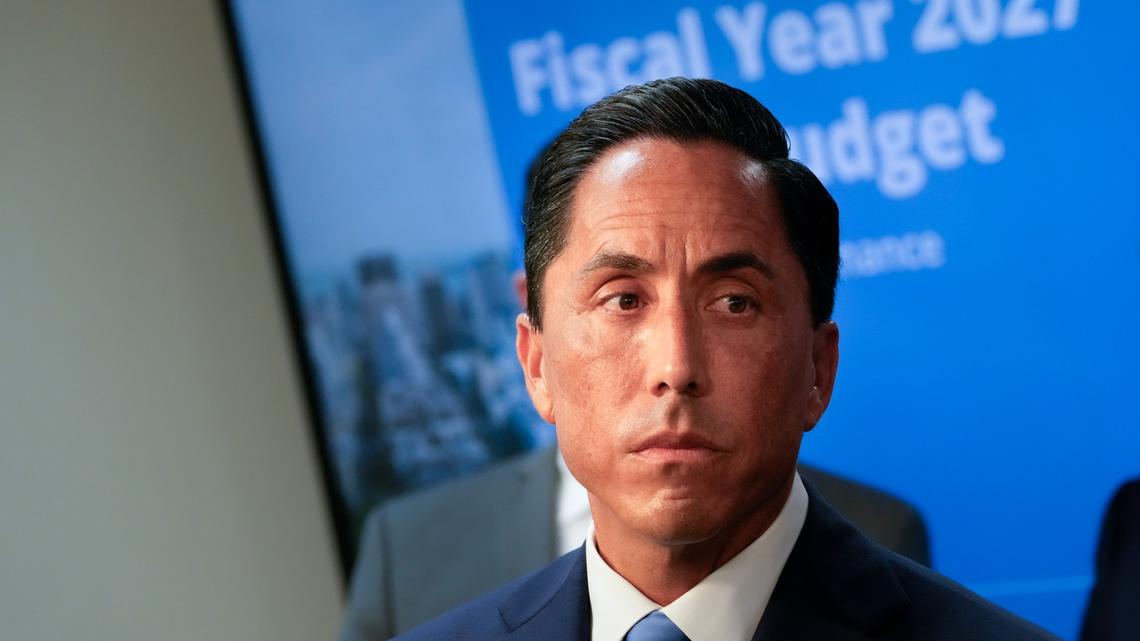 San Diego Mayor Todd Gloria in mid-April after briefing news reporters on his proposed city budget at City Hall.  (Nelvin C. Cepeda / The San Diego Union-Tribune)