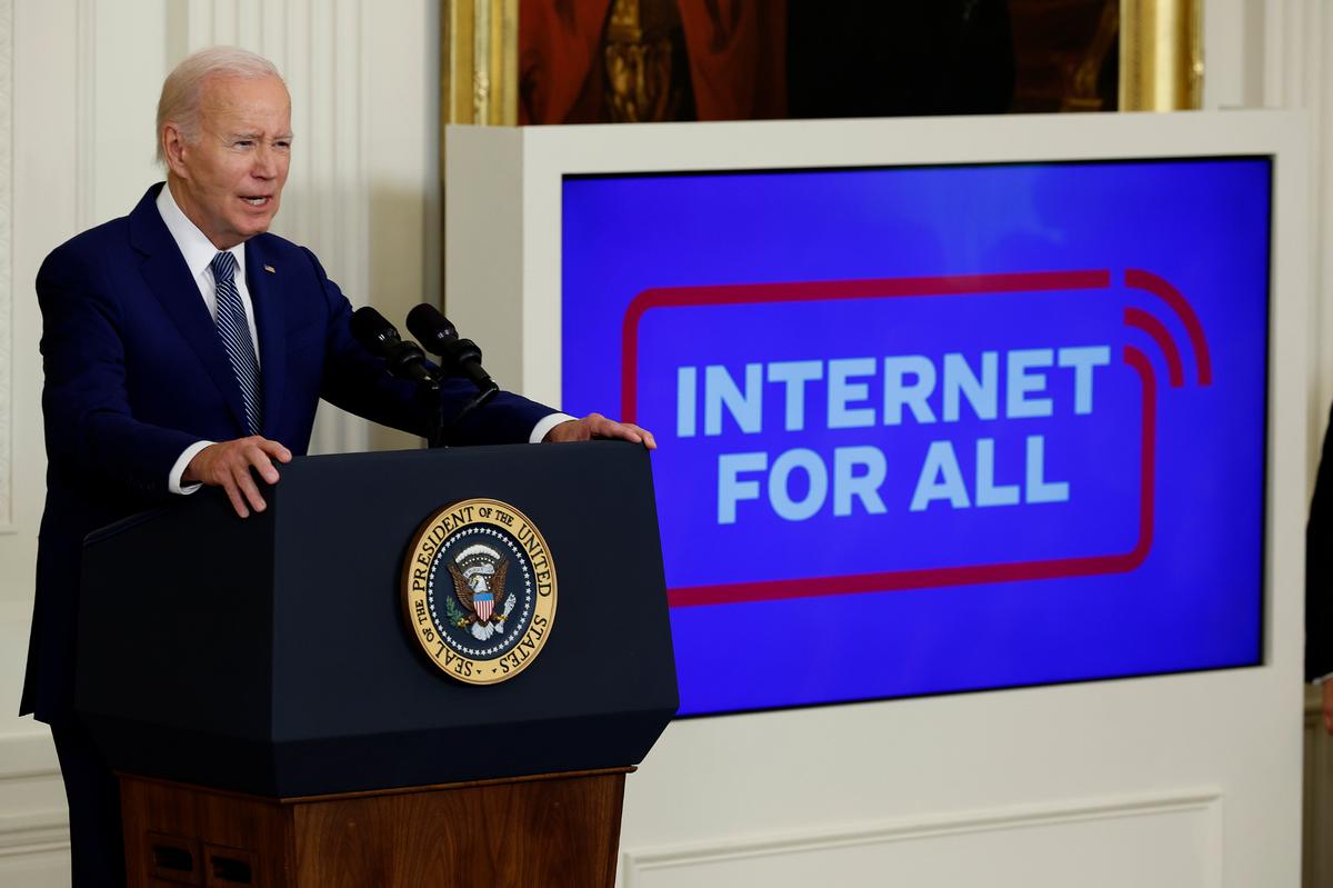Then-U.S. President Joe Biden speaks as he announces a $42 billion investment in high-speed internet infrastructure during an event in the East Room of the White House on June 26, 2023, in Washington, D.C. The investment is part of the 2021 bipartisan infrastructure package and part of the administration’s goal to connect all Americans to high-speed broadband by 2030. (Chip Somodevilla/Getty Images/TNS)