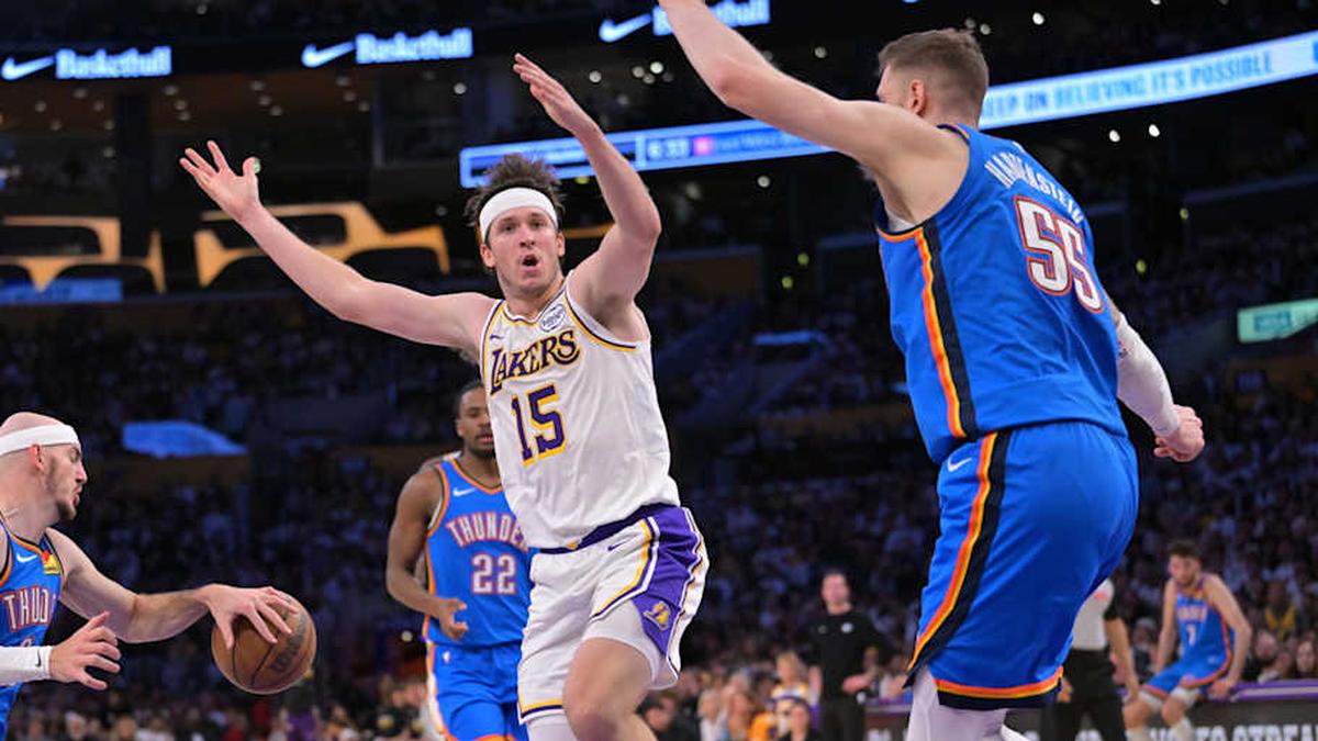  Lakers guard Austin Reaves reacts after not getting a foul call against the Thunder. | Jayne Kamin-Oncea-Imagn Images 