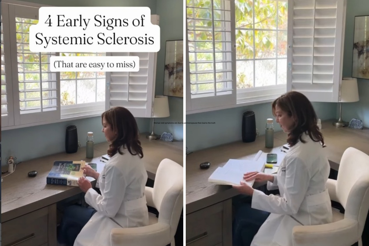  Two screenshots from Instagram showing Elizabeth Volkmann sitting at her desk and reading a book. 