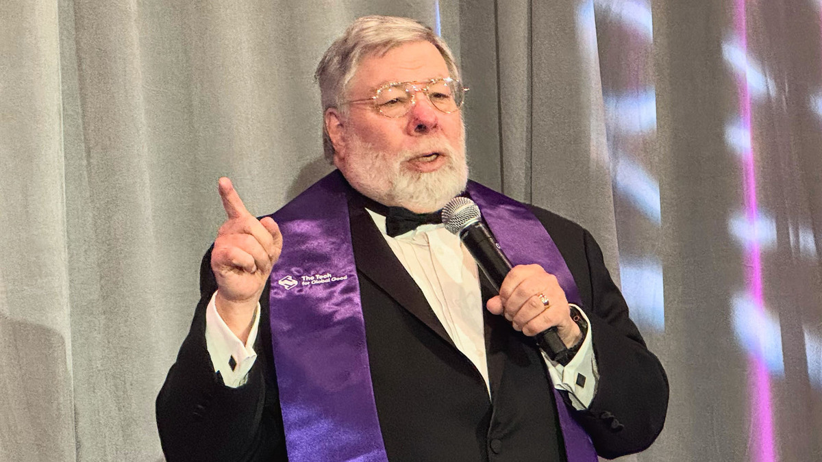 Steve Wozniak speaks during a reception for the Tech for Global Good celebration, where he received the James C. Morgan Global Humanitarian Award, at the Signia by Hilton hotel in San Jose, Calif., on Jan. 16, 2026.
