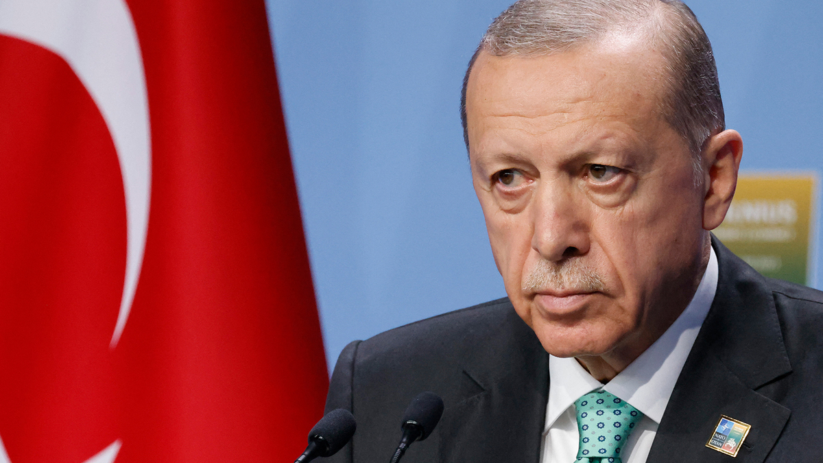 Turkey's President Recep Tayyip Erdogan gives a news conference during the NATO Summit in Vilnius on July 12, 2023. In July 2026, Turkish authorities arrested a comedian on the grounds that he used the word "dictator" in reference to Erdogan. (Ludovic Marin/AFP via Getty Images/TNS)
