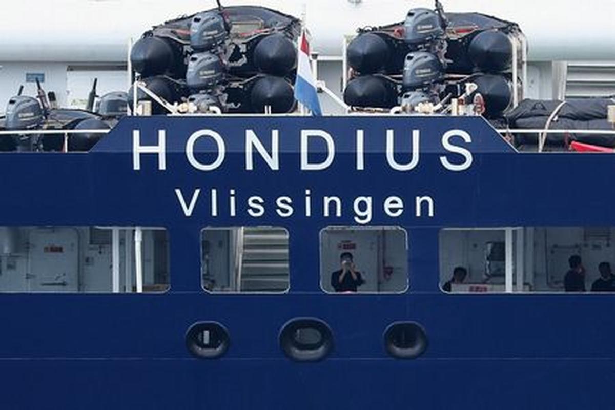 The cruise ship MV Hondius, affected by a hantavirus outbreak, at the port of Granadilla de Abona, Tenerife, Spain, May 11, 2026. REUTERS/Pedro Nunes