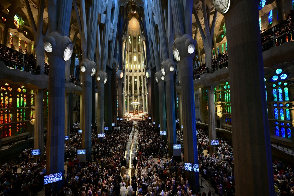  A view of the interior of the Sagrada Familia captured during a Holy Mass led by Pope Leo XIV on June 10, 2026. 