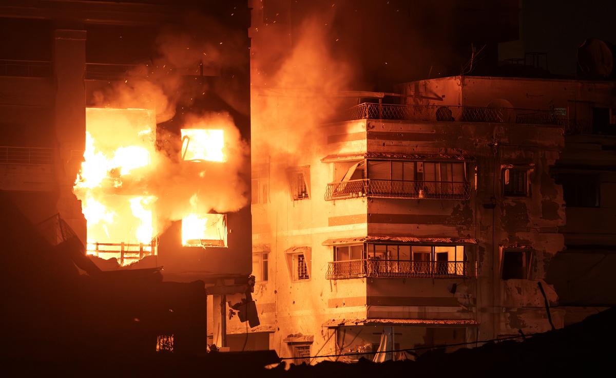Israeli aircraft launched several strikes on an apartment building in the Al-Rimal neighborhood in central Gaza Strip, resulting in a number of casualties May 15, 2026. (Saher Alghorra/The New York Times)