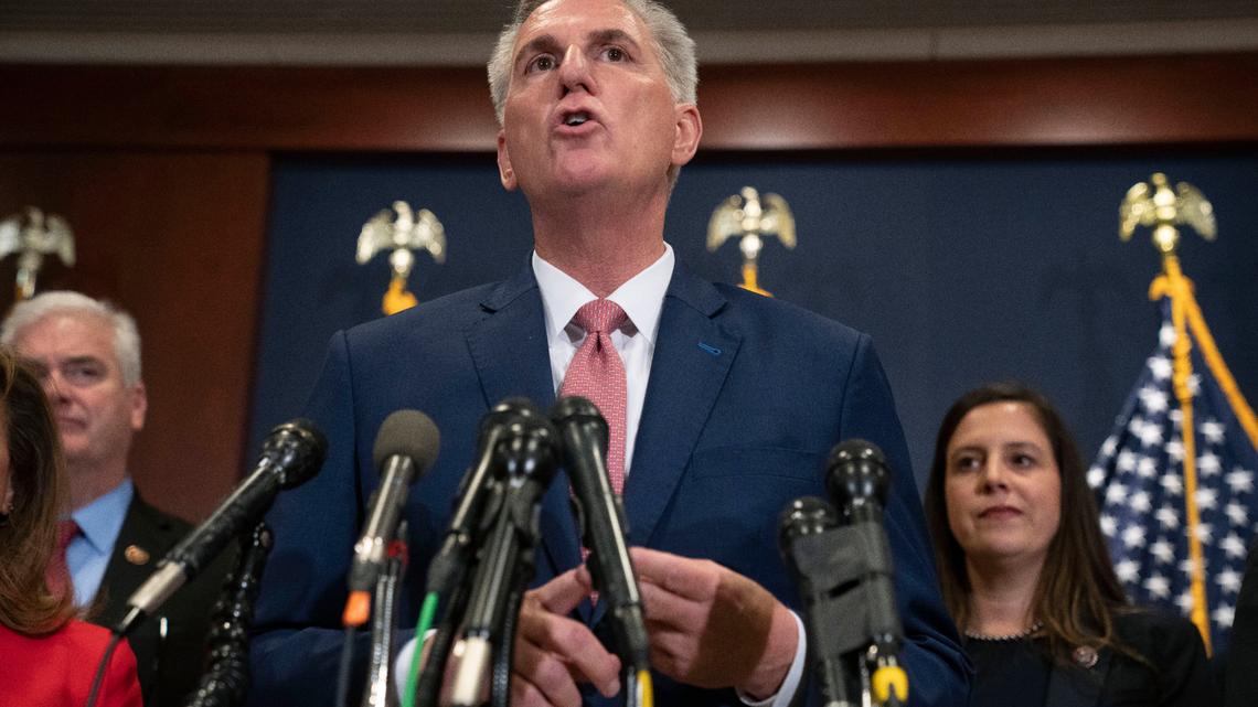 House Minority Leader Kevin McCarthy on Nov. 15 after voting on top House Republican leadership positions, in Washington. Rep. Elise Stefanik, R-N.Y., is at right. 