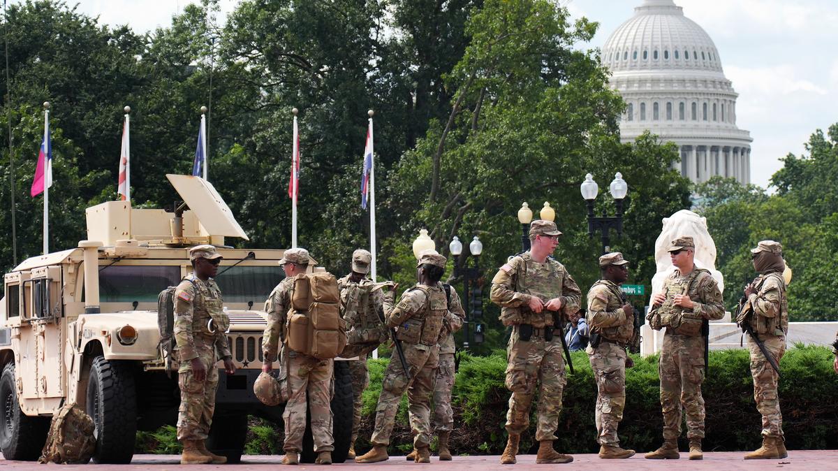 Members of the National Guard patrol near Union Station on Aug. 14, 2025, in Washington, D.C. P