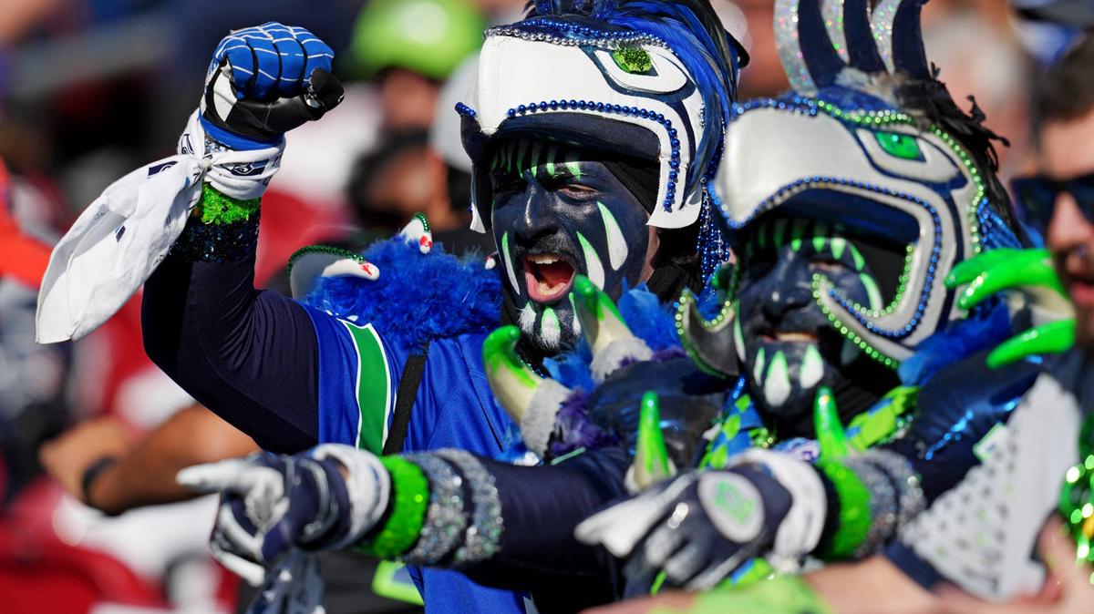 Seattle Seahawks fans look on during warmups between New England Patriots and Seattle Seahawks in Super Bowl LX at Levi's Stadium.