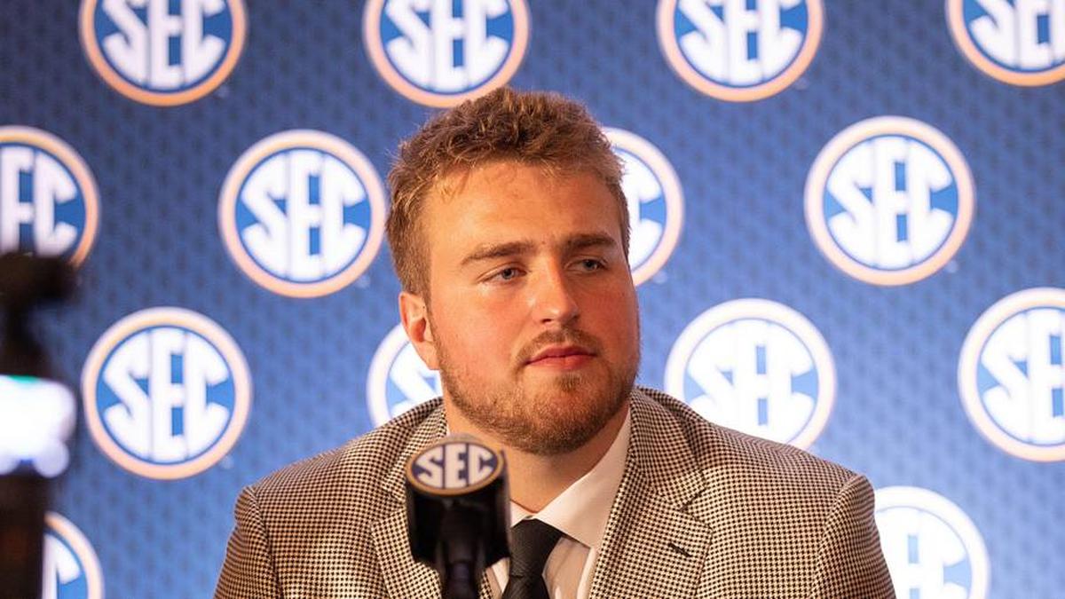  Jul 18, 2024; Dallas, TX, USA; Texas A&M offensive lineman Trey Zuhn III speaks to the media at Omni Dallas Hotel. Mandatory Credit: Brett Patzke-Imagn Images | Brett Patzke-Imagn Images 