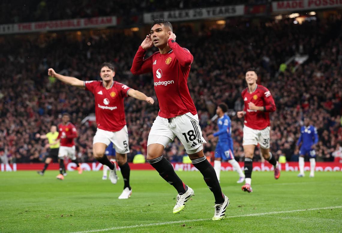  Casemiro of Manchester United celebrates scoring his team's second goal during the Premier League match between Manchester United and Chelsea at Old Trafford on September 20, 2025 in Manchester, England. (Photo by Alex Livesey/Getty Images) Photo by Alex Livesey/Getty Images