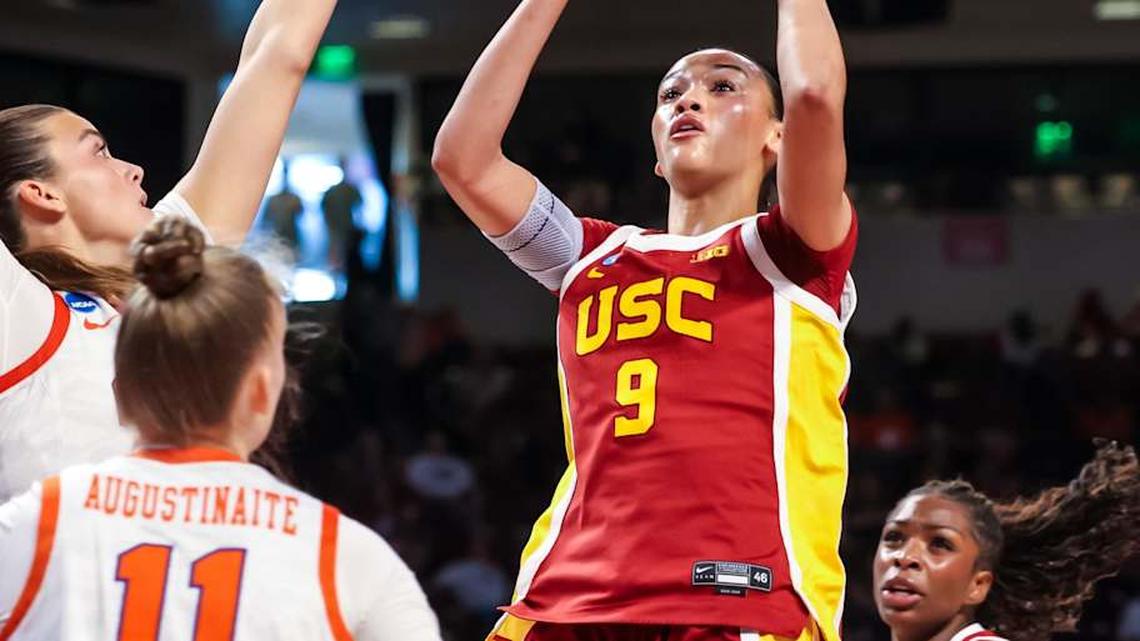  Mar 21, 2026; Columbia, South Carolina, USA; USC Trojans guard Jazzy Davidson (9) shoots against the Clemson Tigers in the first half at Colonial Life Arena. Mandatory Credit: Jeff Blake-Imagn Images | Jeff Blake-Imagn Images 