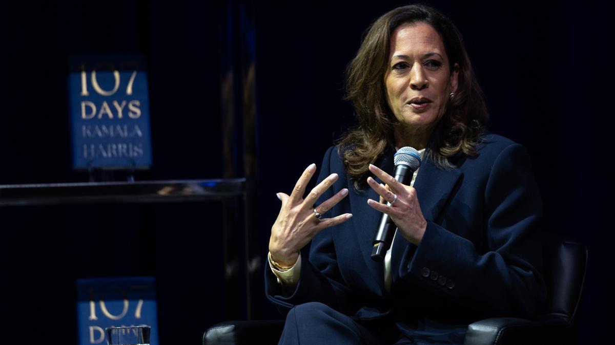 Former Vice President Kamala Harris speaks during a tour for her new book “107 Days‚” at the Tabernacle in Atlanta on Oct. 8, 2025. The book is about Harris’ 2024 presidential campaign.
