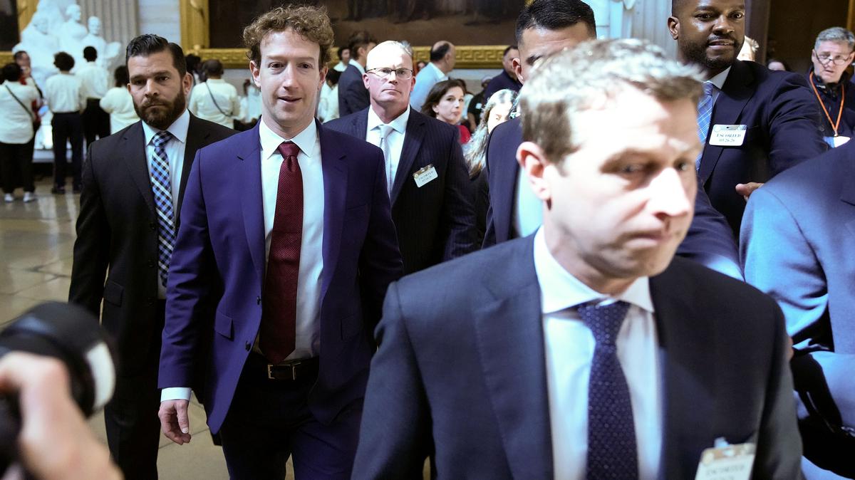 Meta Platforms Chief Executive Mark Zuckerberg, second from left, leaves after a meeting with U.S. Sen. Majority Leader John Thune, R-S.D., on Capitol Hill on March 26, 2026, in Washington, D.C. (Andrew Harnik/Getty Images/TNS)