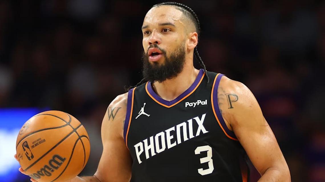  Apr 14, 2026; Phoenix, Arizona, USA; Phoenix Suns forward Dillon Brooks (3) against the Portland Trail Blazers during the play-in rounds of the 2026 NBA Playoffs at Mortgage Matchup Center. | Mark J. Rebilas-Imagn Images 