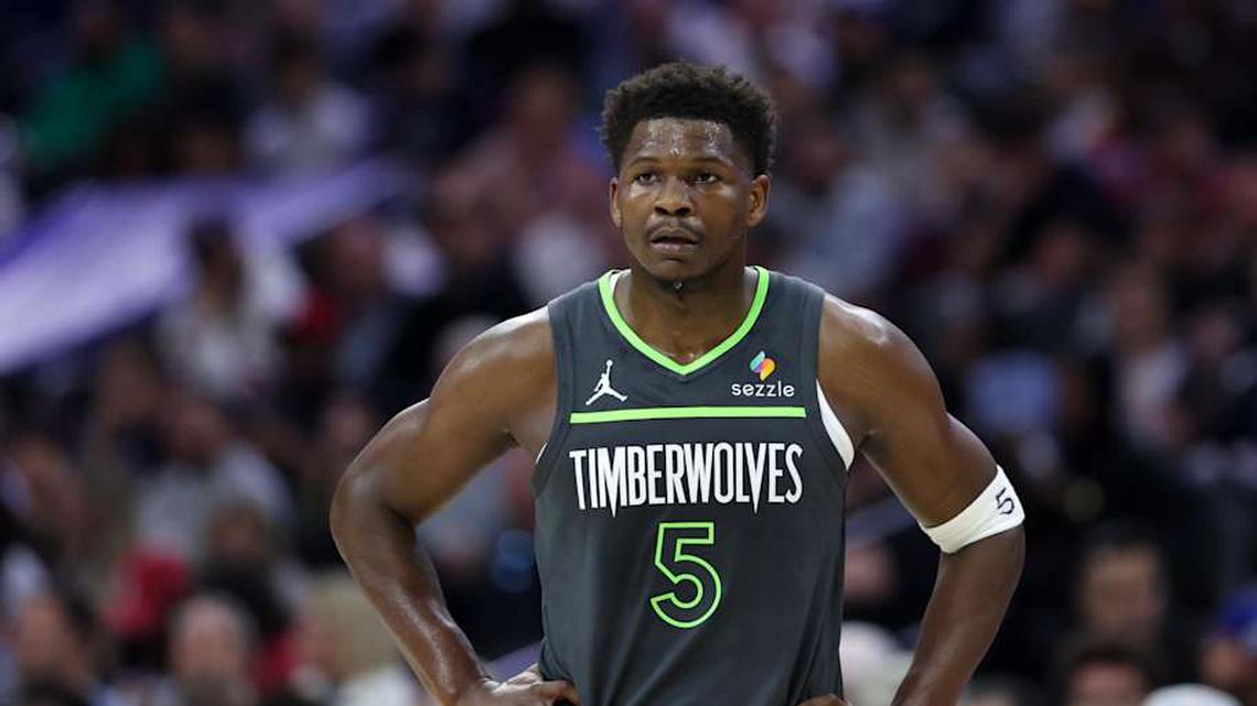  Apr 3, 2026; Philadelphia, Pennsylvania, USA; Minnesota Timberwolves guard Anthony Edwards (5) looks on during the first quarter against the Philadelphia 76ers at Xfinity Mobile Arena. | Bill Streicher-Imagn Images 