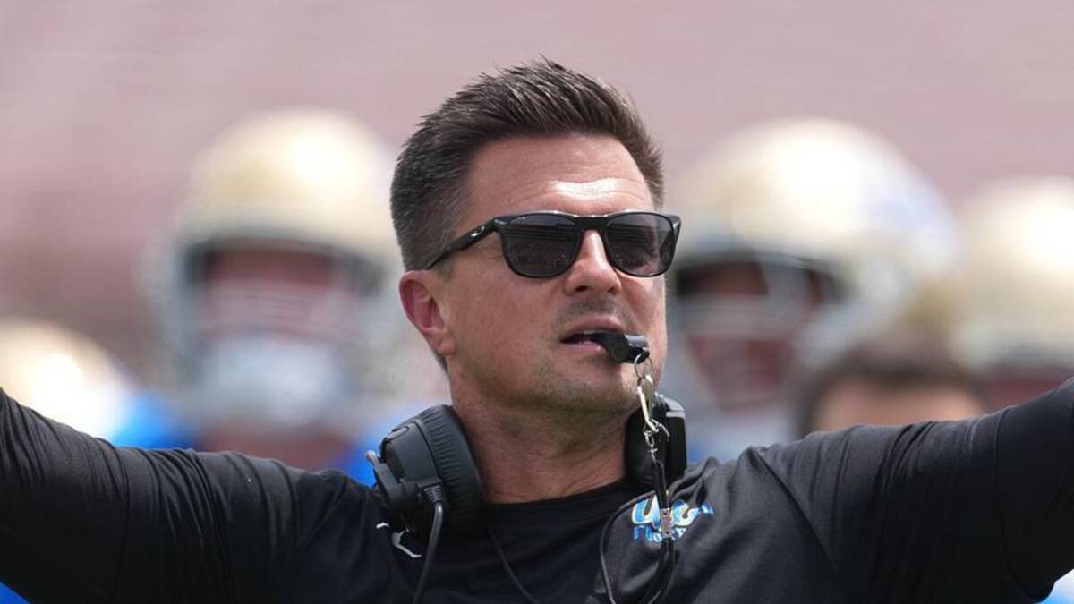  May 2, 2026; Pasadena, CA, USA; UCLA Bruins coach Bob Chesney reacts during the spring game at Rose Bowl. Mandatory Credit: Kirby Lee-Imagn Images | Kirby Lee-Imagn Images 