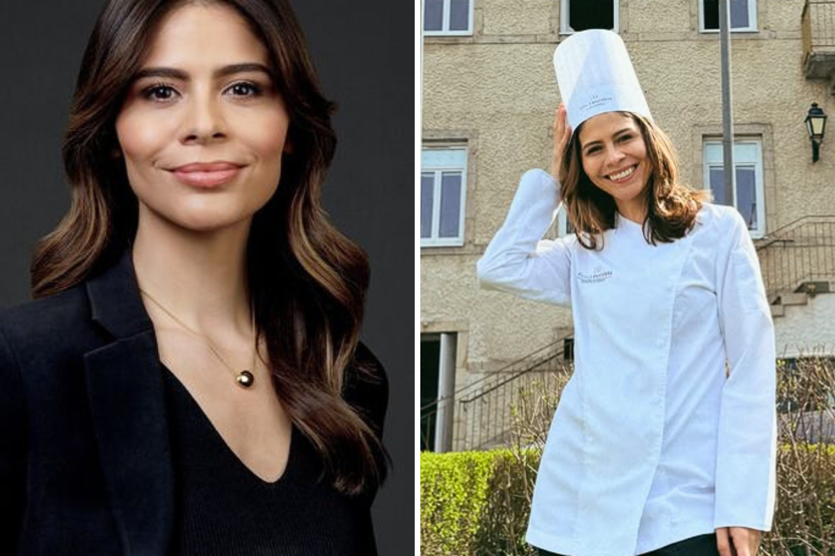  Jackie Davalos (L) in a headshot for Bloomberg; and at pastry school in France. 