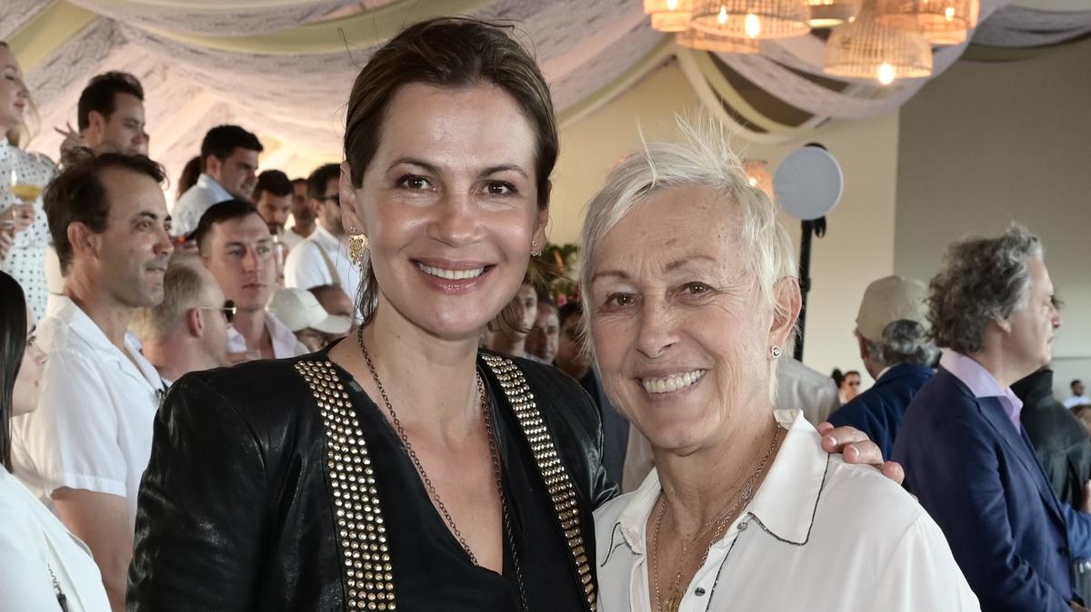 MIAMI BEACH, FLORIDA - APRIL 19: Julia Lemigova and Martina Navratilova at the Global Champions Arabians Tour Miami Beach Presented by Qatar Airways on April 19, 2025 in Miami Beach, Florida.