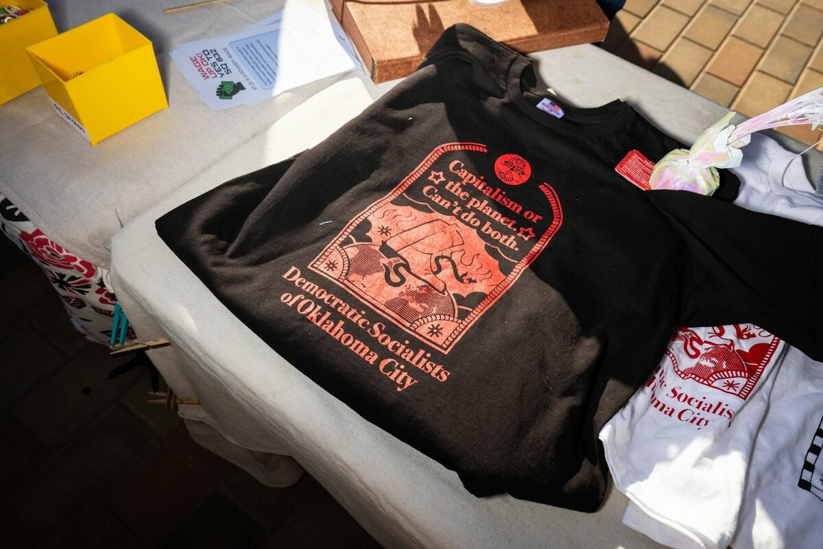 A T-shirt for sale at the Oklahoma City Free America Walkout on Jan. 20, 2026. Brett Deering/Getty Images for Women's March 