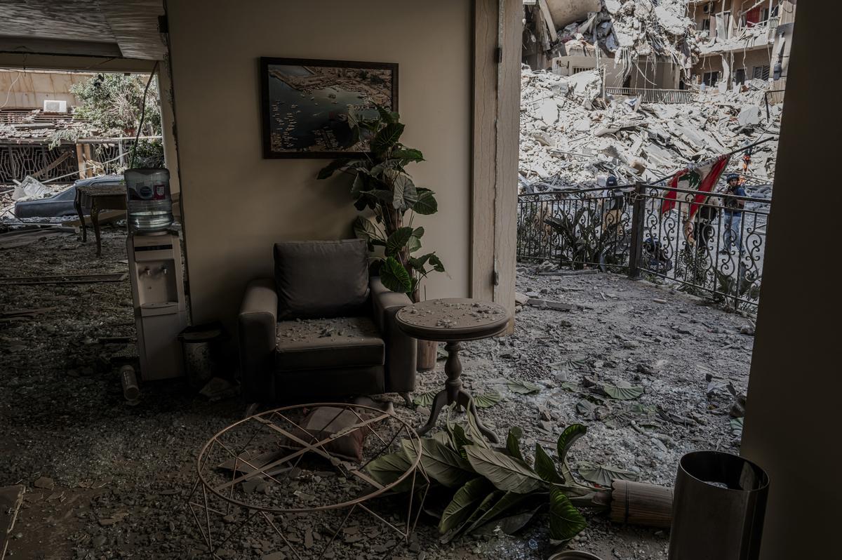 Debris in a building by another destroyed in recent Israeli strikes in Tyre, Lebanon, May 29, 2026. (Daniel Berehulak/The New York Times)