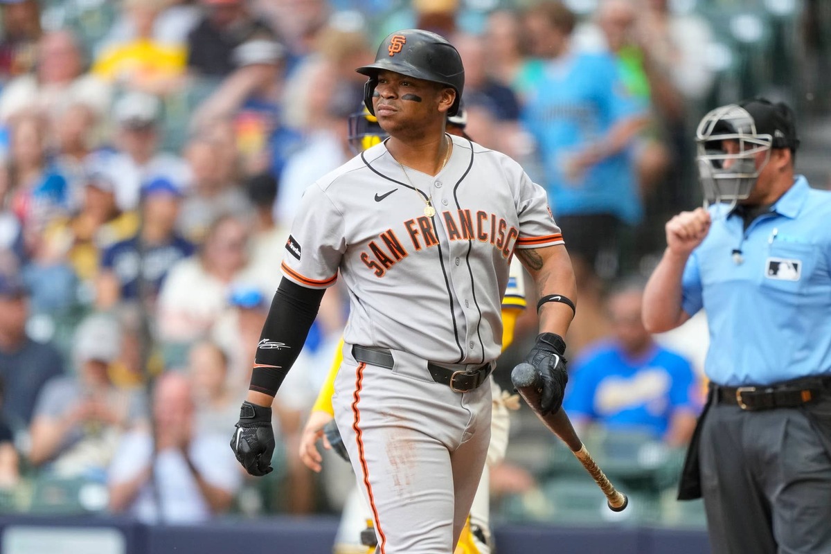  Jun 3, 2026; Milwaukee, Wisconsin, USA; San Francisco Giants first baseman Rafael Devers (16) looks around after striking out during the first inning against the Milwaukee Brewers at American Family Field. Mandatory Credit: Jeff Hanisch-Imagn Images 