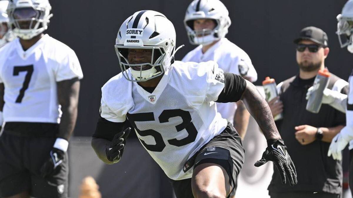  May 20, 2026; Henderson, NV, USA; Las Vegas Raiders linebacker Xavian Sorey Jr. (53) practices during organized team activities at Intermountain Health Performance Center. Mandatory Credit: Candice Ward-Imagn Images | Candice Ward-Imagn Images 