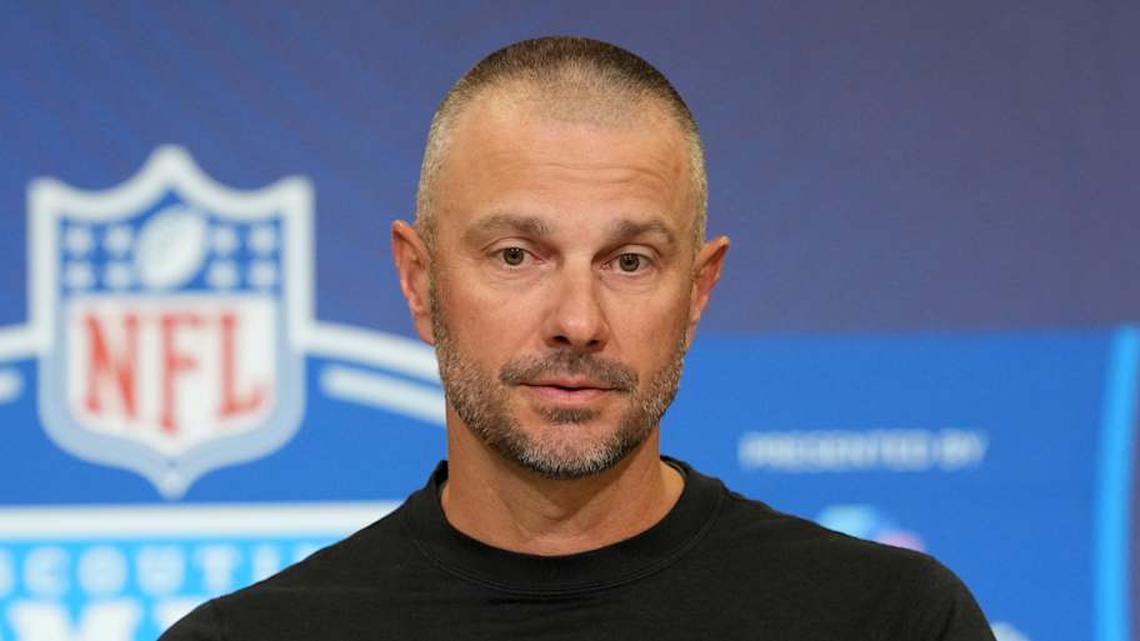  Feb 24, 2026; Indianapolis, IN, USA; Las Vegas Raiders general manager John Spytek speaks at the NFL Scouting Combine at the Indiana Convention Center. Mandatory Credit: Kirby Lee-Imagn Images | Kirby Lee-Imagn Images 