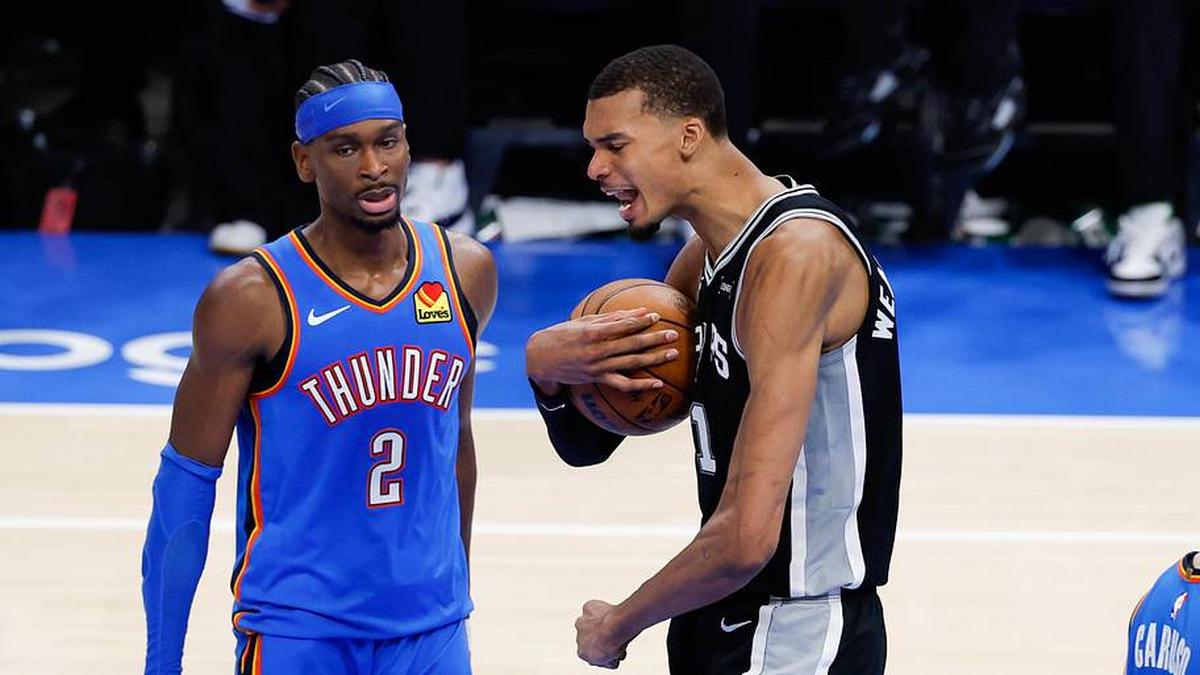  May 18, 2026; Oklahoma City, Oklahoma, USA; San Antonio Spurs center Victor Wembanyama (1) reacts in double overtime against the Oklahoma City Thunder during game one of the Western Conference Finals for the 2026 NBA playoffs at Paycom Center. Mandatory Credit: Alonzo Adams-Imagn Images | Alonzo Adams-Imagn Images 