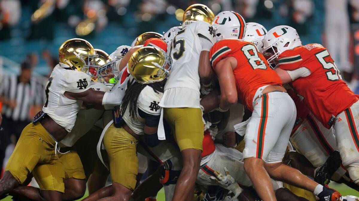  Aug 31, 2025; Miami Gardens, Florida, USA; Miami Hurricanes running back CharMar Brown (6) scores a touchdown against the Notre Dame Fighting Irish during the third quarter at Hard Rock Stadium. | IMAGN IMAGES via Reuters Connect 