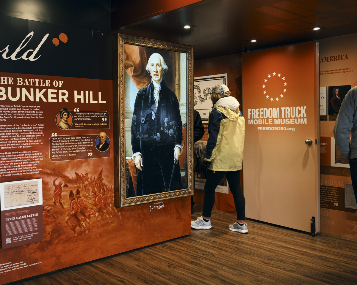 FILE -- An exhibit inside of a Freedom Truck, a Freedom 250 mobile history initiative, at the Florida State Fairgrounds in Tampa, Fla., Feb. 5, 2026. It is Freedom 250, not America 250, that has taken the lead on President Donald Trump's grand plans for the anniversary, which include a triumphal arch, a National Garden of American Heroes and a Great American State Fair. (Zack Wittman/The New York Times)