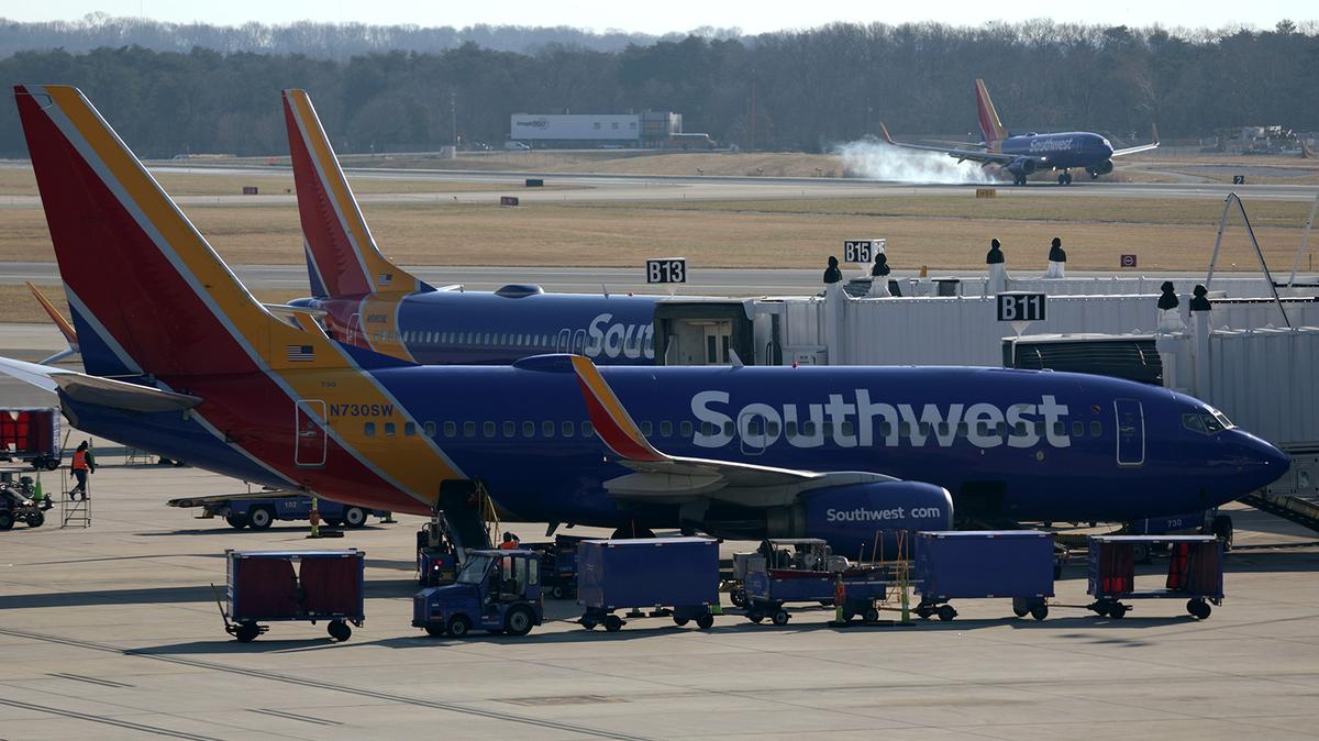 Southwest Airlines aircrafts are seen at Baltimore/Washington International Thurgood Marshall Airport (BWI) on Dec. 22, 2021, in Baltimore, Maryland. (Alex Wong/Getty Images/TNS)