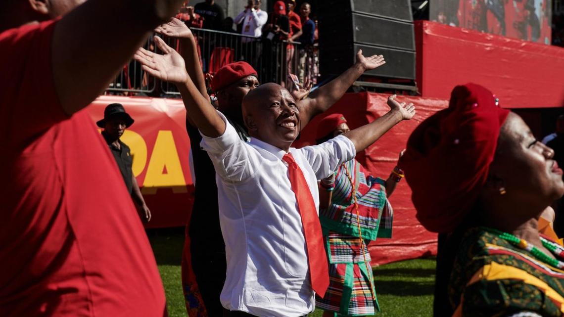 President of the Economic Freedom Fighters Julius Malema greets the crowd at the party's final election rally in 2024. Malema was sentenced Wednesday to five years in prison for firing a gun into the air at a rally. He is appealing. File Photo by Stringer/EPA