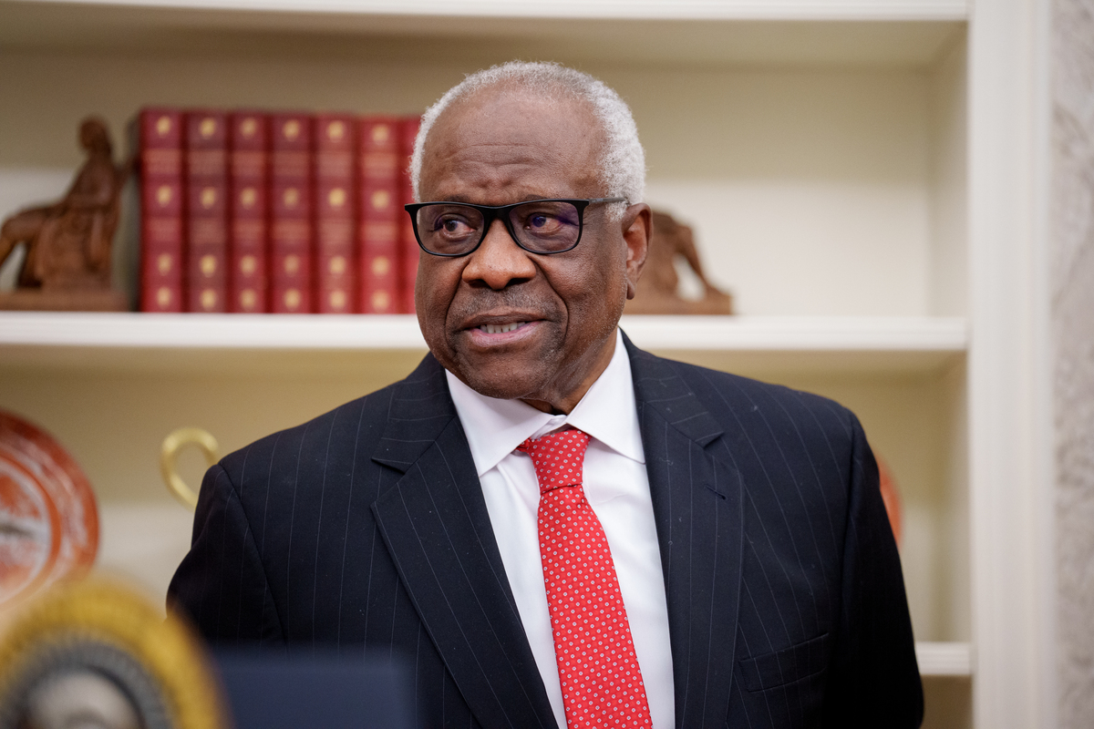  Supreme Court Justice Clarence Thomas in the Oval Office of the White House on February 5, 2025. 