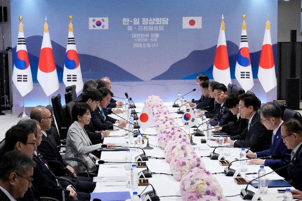 Japan's Prime Minister Sanae Takaichi, fifth from left, and South Kore's President Lee Jae Myung, third from right, hold their meeting in Andong, South Korea, Tuesday, May 19, 2026.     Ahn Young-joon/Pool via REUTERS