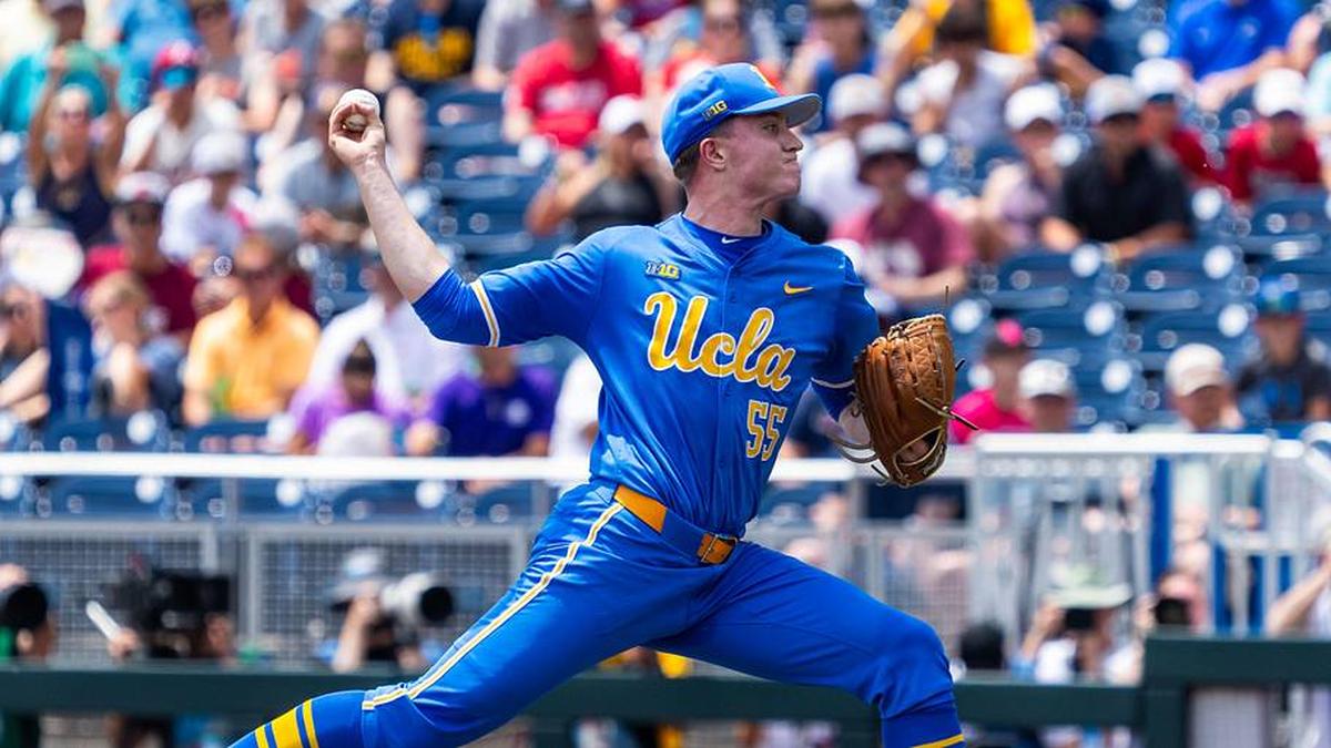  Jun 14, 2025; Omaha, Neb, USA; UCLA Bruins starting pitcher Michael Barnett (55) pitches against the Murray State Racers during the first inning at Charles Schwab Field. Mandatory Credit: Dylan Widger-Imagn Images | Dylan Widger-Imagn Images 