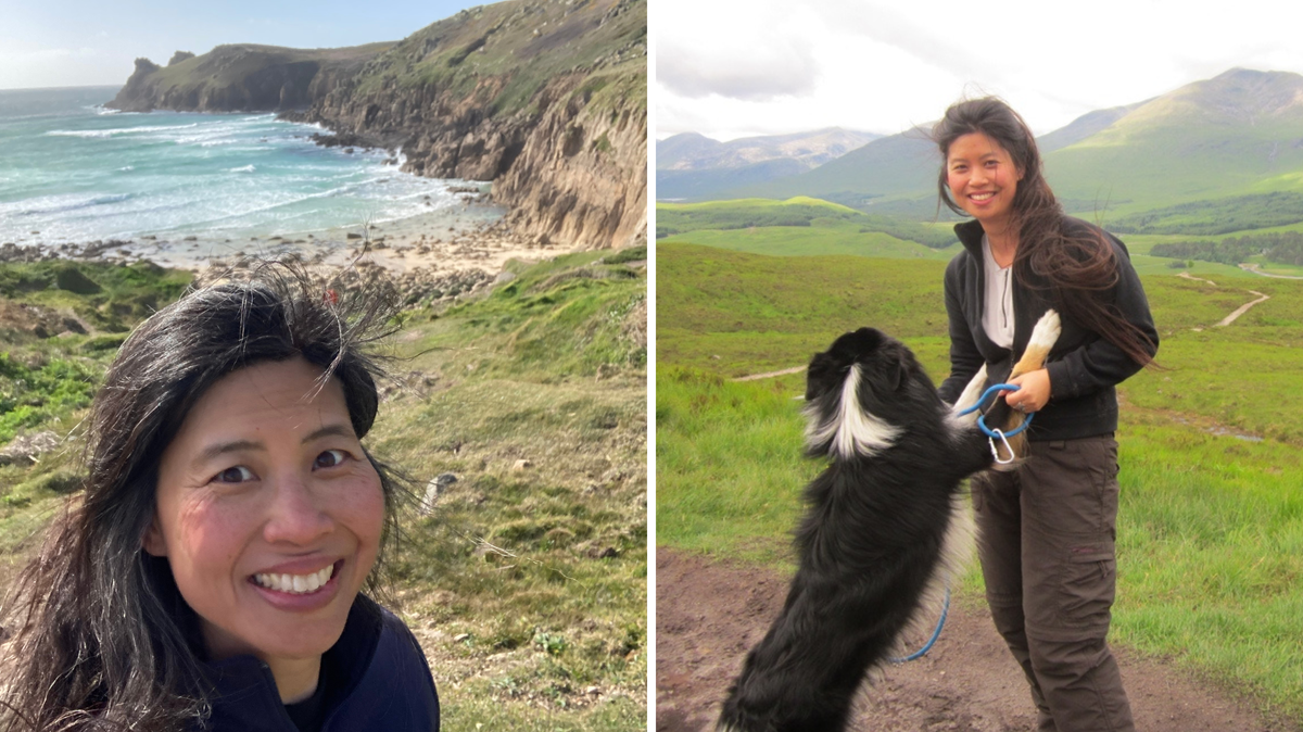 From left: Winnie M. Li marking the anniversary of the sexual assault on a hike in 2026, also seen walking the West Highland way with a dog. 