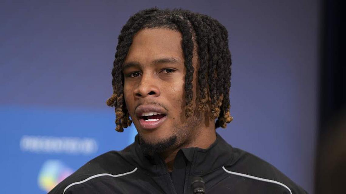  Feb 26, 2026; Indianapolis, IN, USA; Arizona State defensive back Keith Abney II (DB01) speaks to members of the media during the NFL Combine at the Indiana Convention Center. Mandatory Credit: Jacob Musselman-Imagn Images | Jacob Musselman-Imagn Images 