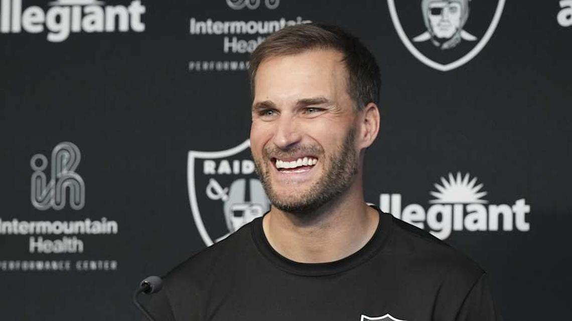  Apr 8, 2026; Las Vegas, NV, USA; Las Vegas Raiders quarterback Kirk Cousins speaks at a press conference at Intermountain Health Performance Center. Mandatory Credit: Candice Ward-Imagn Images | Candice Ward-Imagn Images 