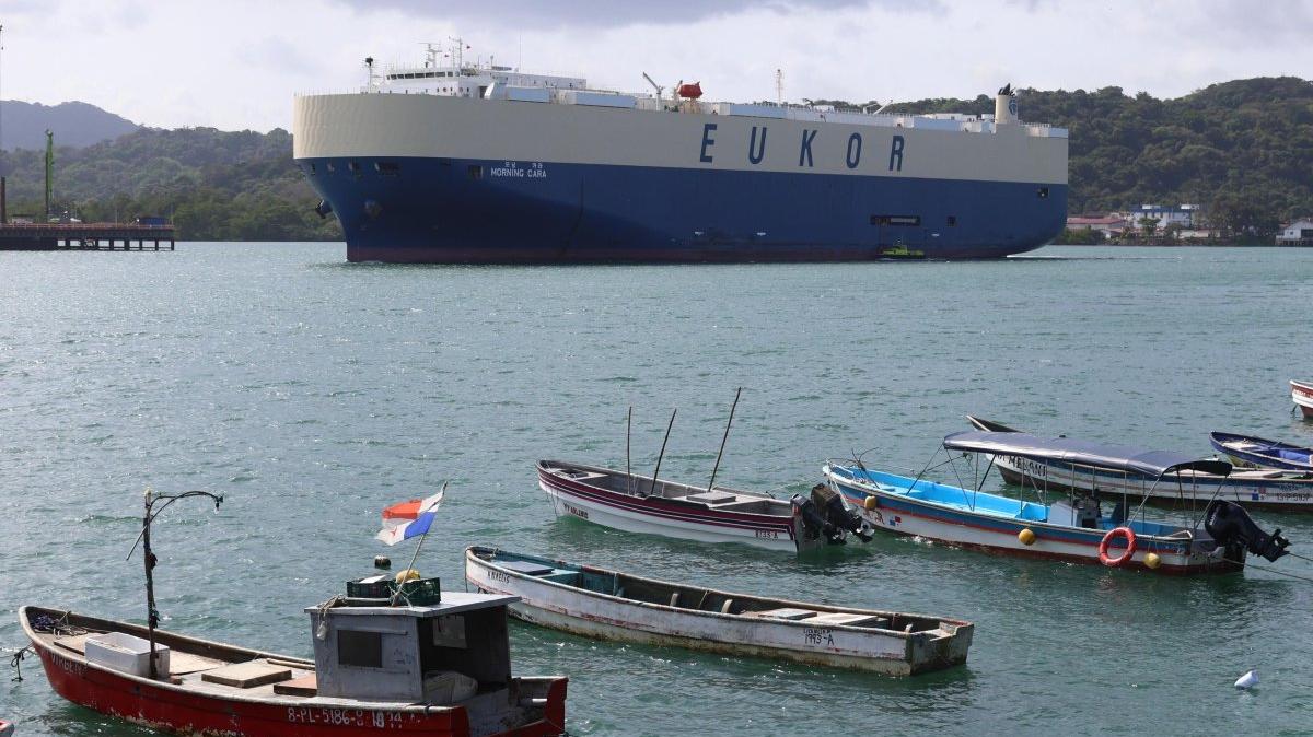 A cargo ship leaves a lock on the Panama Canal in Panama City, Panama, on Jan. 19.