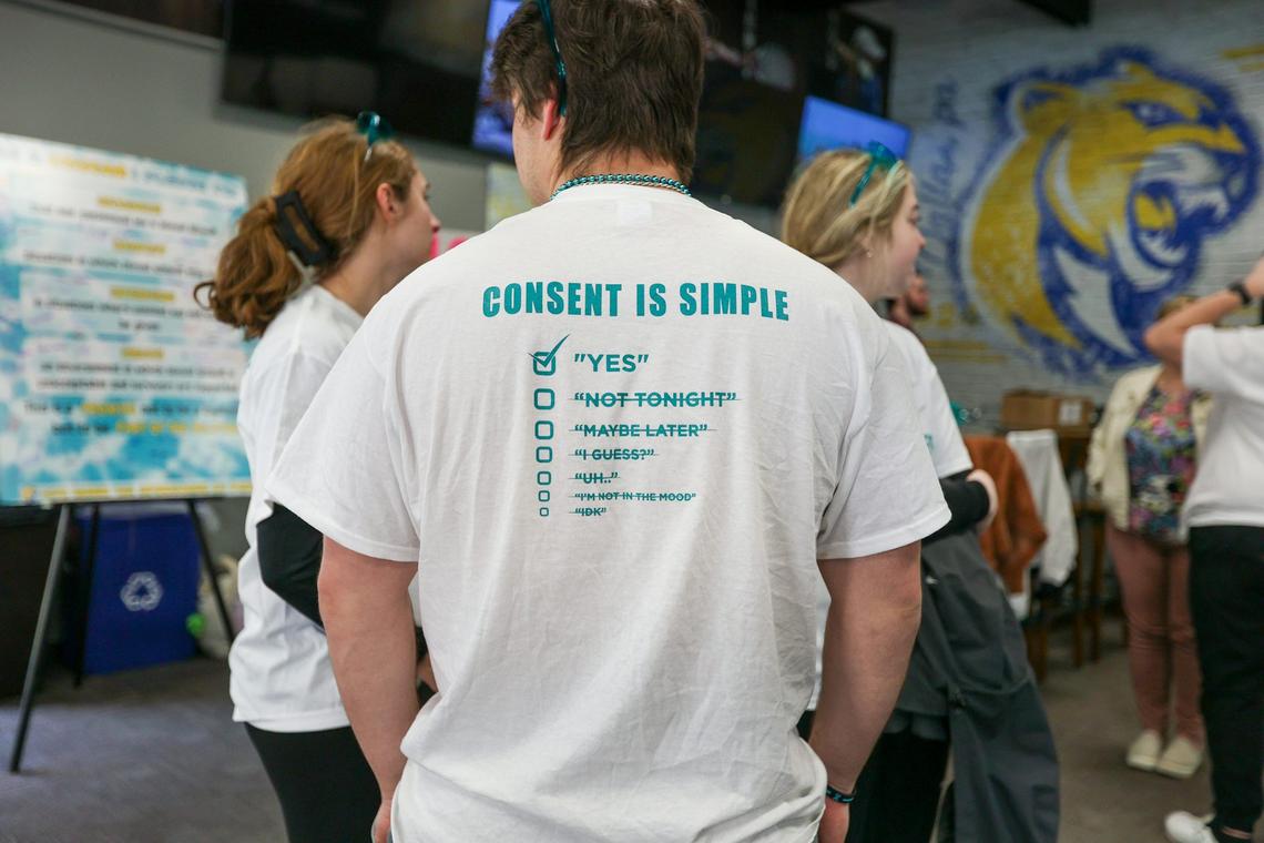  A person wears a sexual violence awareness shirt at a rally at Misericordia University near Dallas, Pa., in April 2025. Jason Ardan/Citizens' Voice via Getty Images 