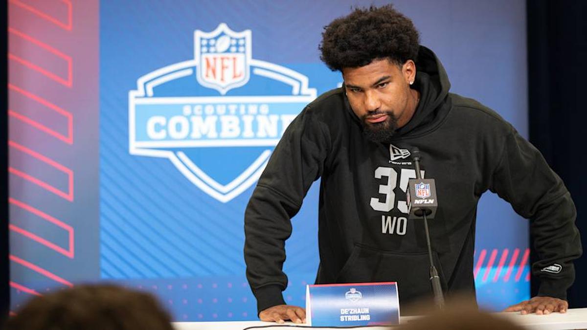  Feb 27, 2026; Indianapolis, IN, USA; Mississippi wideout De'Zhaun Stribling (WO35) speaks to members of the media during the NFL Combine at the Indiana Convention Center. Mandatory Credit: Jacob Musselman-Imagn Images | Jacob Musselman-Imagn Images 