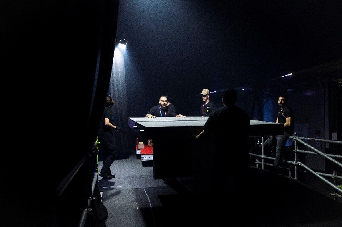 Crew members of the Eurovision Song Contest 2026 work backstage during rehearsal preparations behind the main stage in Vienna, Austria, May 15, 2026. REUTERS/Lisa Leutner
