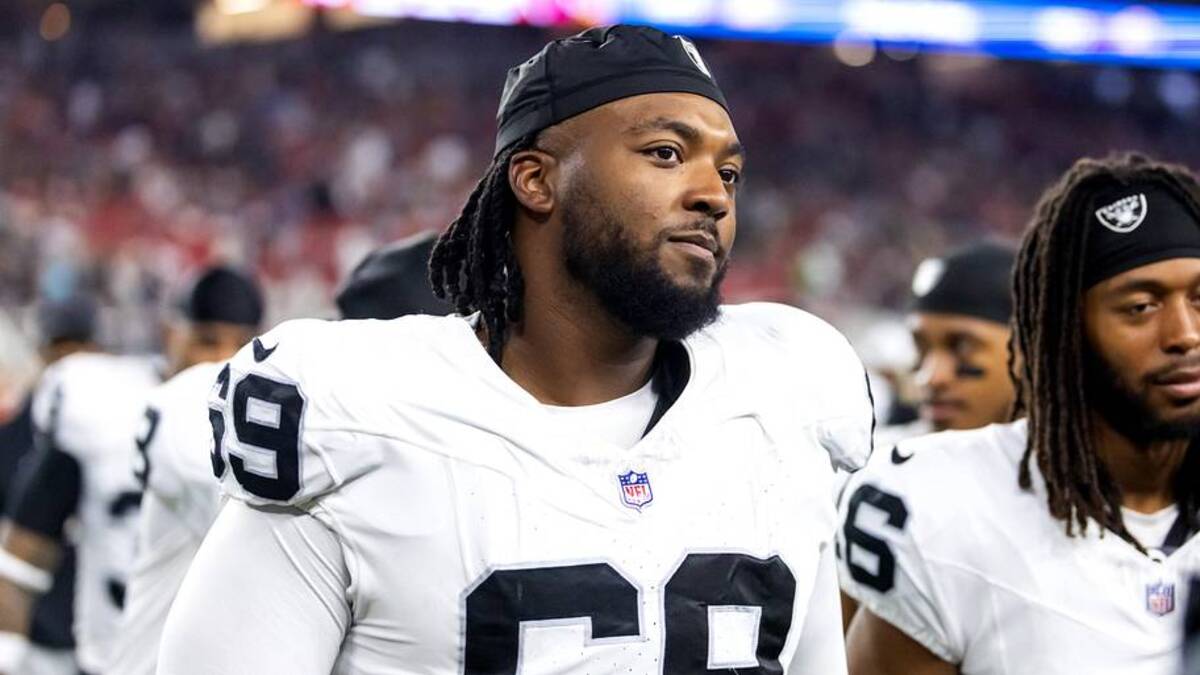  Aug 23, 2025; Glendale, Arizona, USA; Las Vegas Raiders defensive tackle Adam Butler (69) against the Arizona Cardinals during a preseason NFL game at State Farm Stadium. Mandatory Credit: Mark J. Rebilas-Imagn Images | Mark J. Rebilas-Imagn Images 