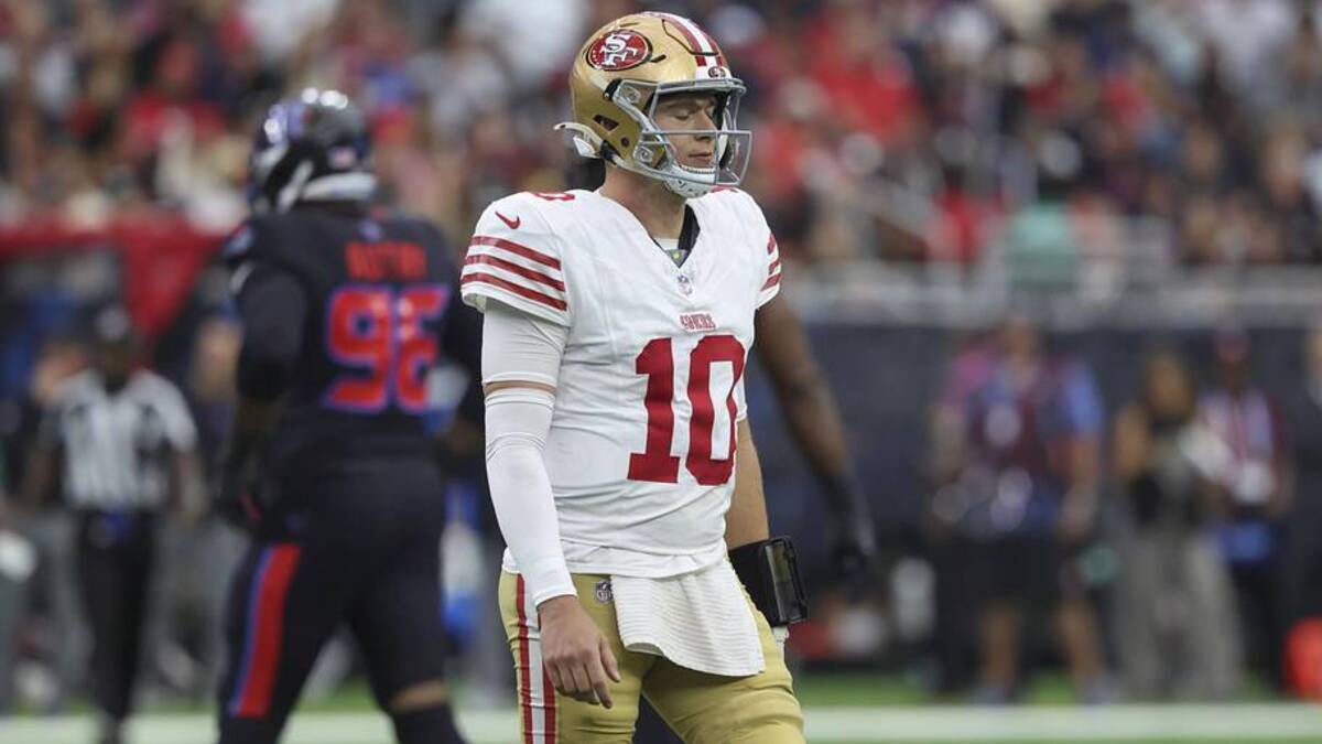  Oct 26, 2025; Houston, Texas, USA; San Francisco 49ers quarterback Mac Jones (10) walks off the field after a play during the third quarter against the Houston Texans at NRG Stadium. Mandatory Credit: Troy Taormina-Imagn Images | Troy Taormina-Imagn Images 