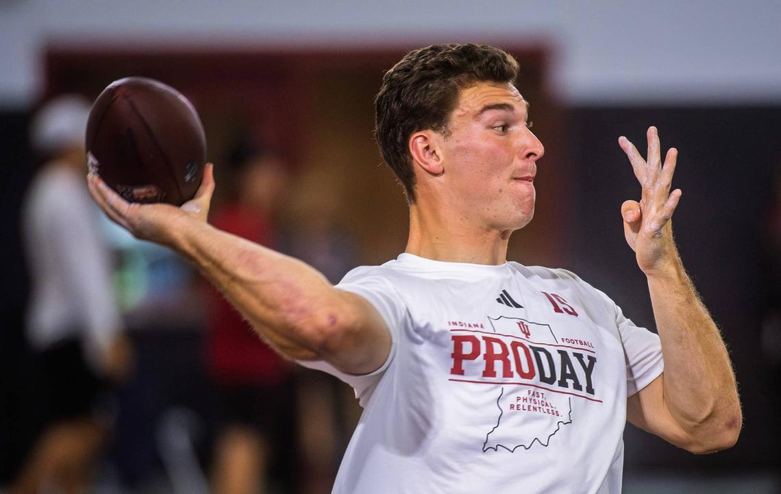  Fernando Mendoza participates in Indiana University's Pro Day at Mellencamp Pavilion on April 1, 2026. Rich Janzaruk/Herald-Times / USA TODAY NETWORK