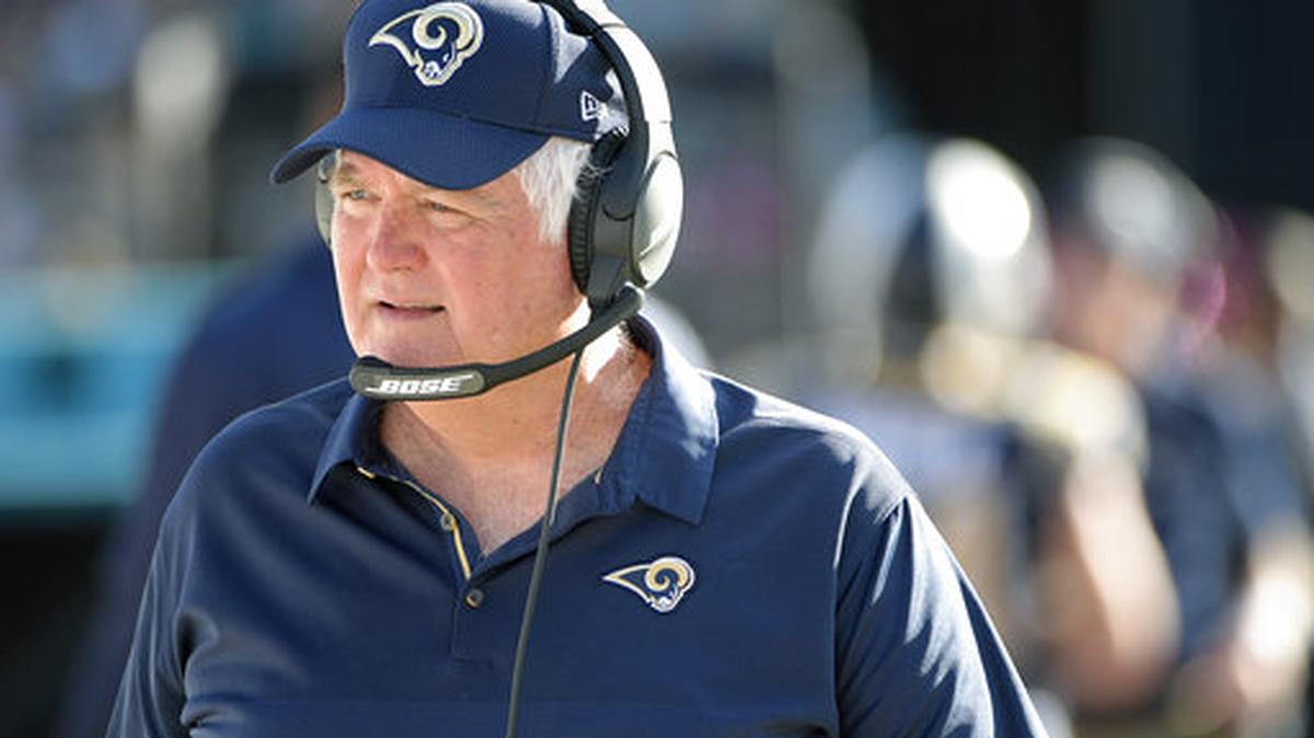 FILE - In this Oct. 15, 2017, file photo, Los Angeles Rams defensive coordinator Wade Phillips watches from the sideline during the first half of an NFL football game against the Jacksonville Jaguars, in Jacksonville, Fla.