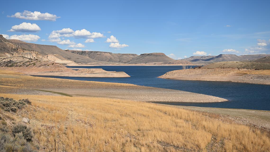 Low water levels are visible at Blue Mesa Reservoir near Gunnison, Colorado, on March 25. The reservoir, fed by the Gunnison River, is part of the Colorado River Basin’s water storage system. Low snowpack in the area is adding to concerns across the basin.