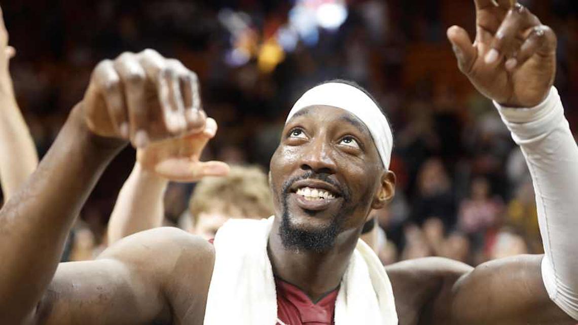  Miami Heat center Bam Adebayo reacts after his 83-point game. | Rhona Wise-Imagn Images 