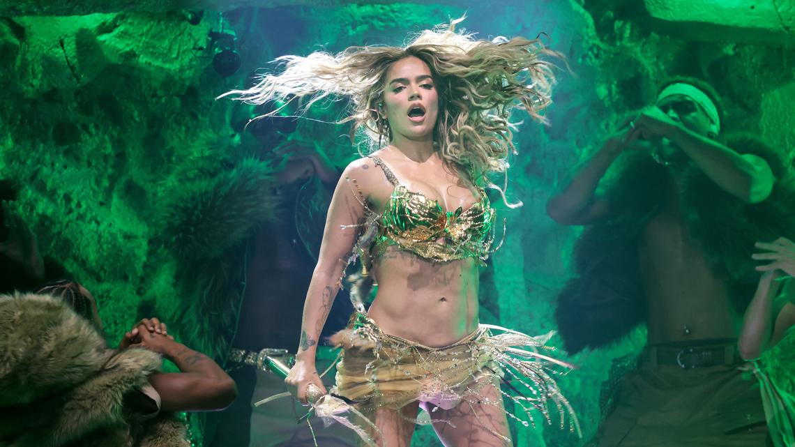 Karol G performs on the Coachella stage during weekend one of the Coachella Valley Music and Arts Festival at the Empire Polo Club in Indio, Calif., on Sunday, April 12, 2026. (Christina House/Los Angeles Times/TNS)