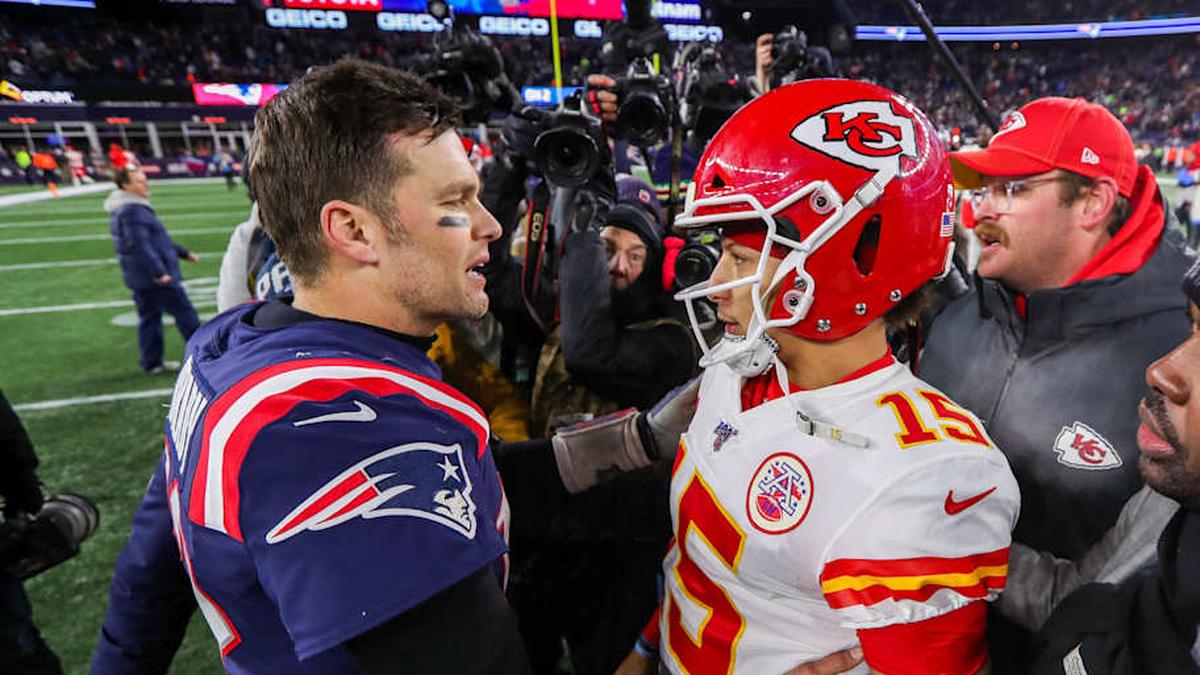  Dec 8, 2019; Foxborough, MA, USA; New England Patriots quarterback Tom Brady (12) and Kansas City Chiefs quarterback Patrick Mahomes (15) after the game at Gillette Stadium. Mandatory Credit: Paul Rutherford-Imagn Images | Paul Rutherford-Imagn Images 